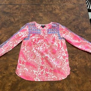J Crew Top Embroidered Pink Blue A2204 Floral Button Spring
